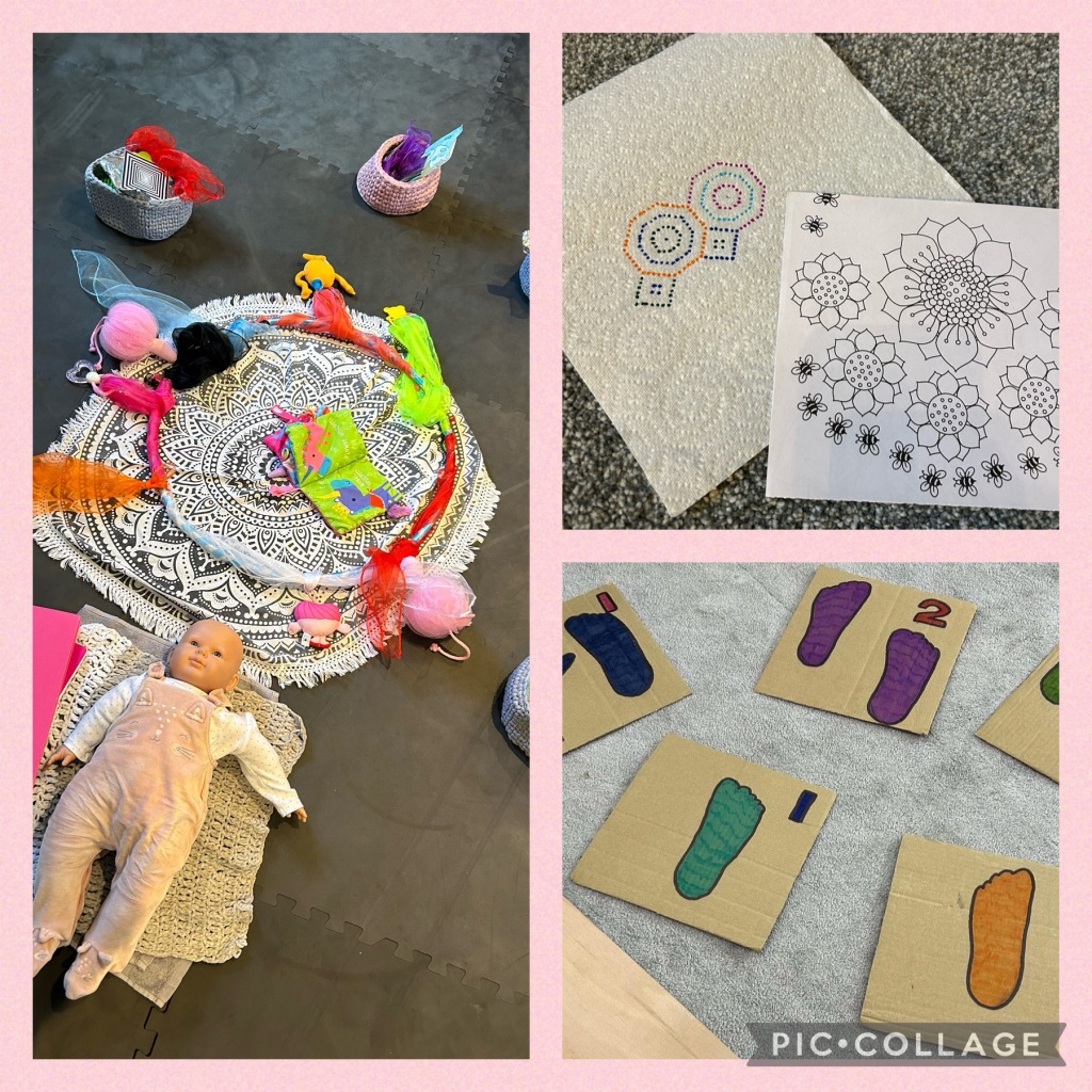 Three pictures of a baby massage setup, mindfulness and sensory steps